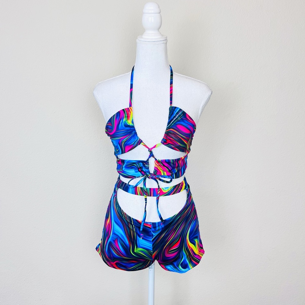 Blue & Pink Trippy Swirl Strappy Cut Out Halter Top & Shorts Set